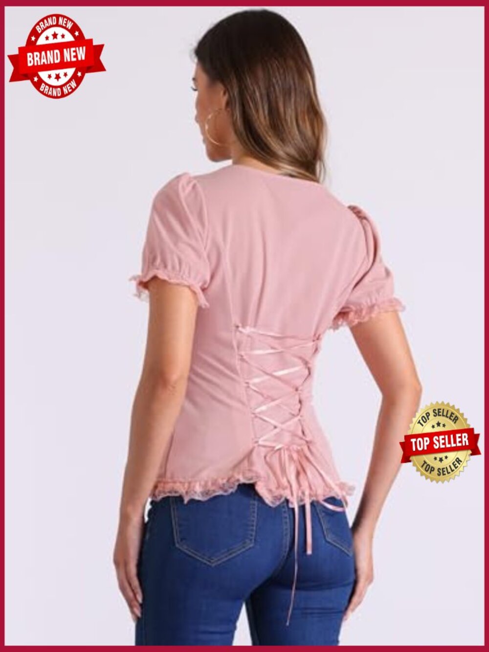 Renaissance Puff Sleeve Lace Up Victorian Gothic Blouse Top - Picture 2 of 5